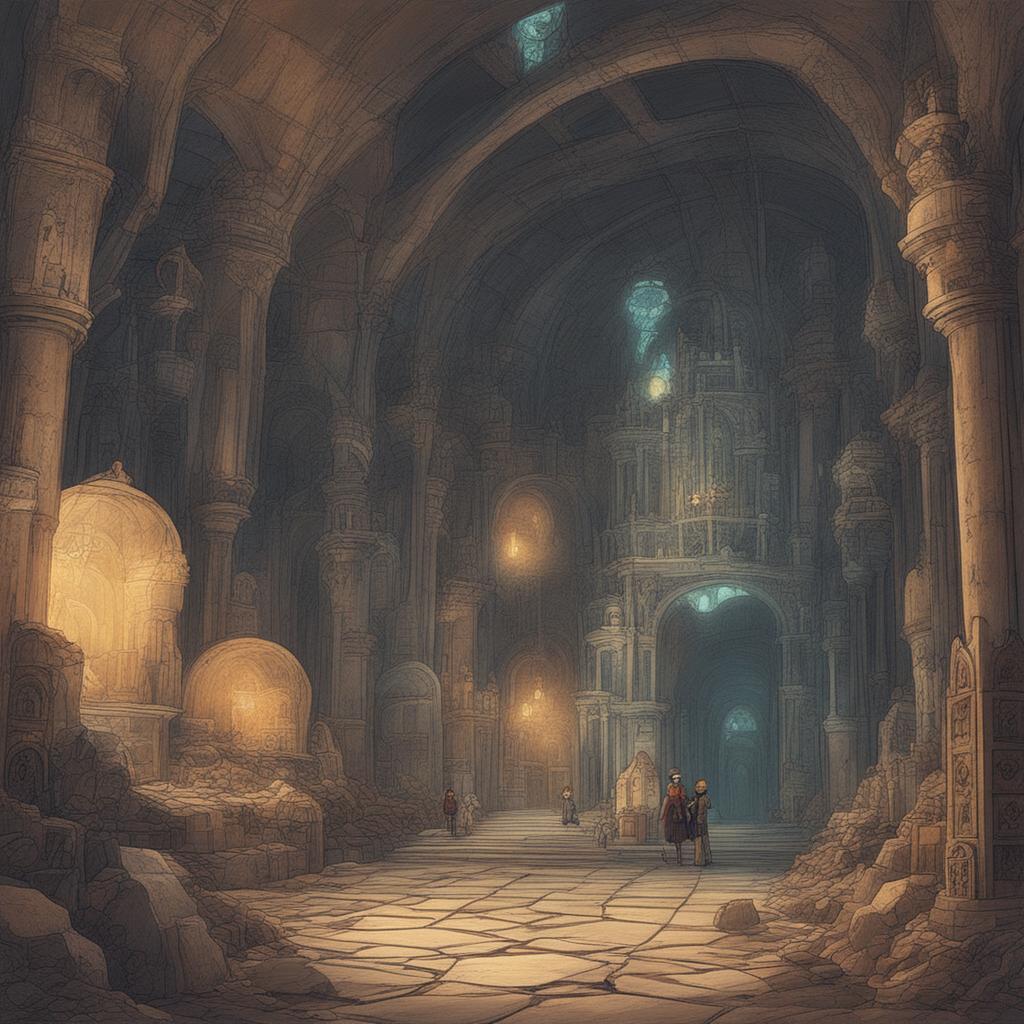 A Studio Ghibli-styled digital artwork of the futuristic discovery of the Paris Catacombs in 3003