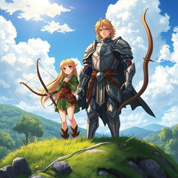 A full armor crusader standing valiantly atop a lush green hill, showcasing intricate details of the shining armor reflecting the sunlight