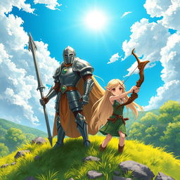 A full armor crusader standing valiantly atop a lush green hill, showcasing intricate details of the shining armor reflecting the sunlight