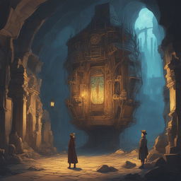 A Studio Ghibli-styled digital artwork of the futuristic discovery of the Paris Catacombs in 3003