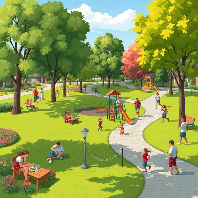 A vibrant community scene showcasing various common spaces such as parks, playgrounds, and green areas