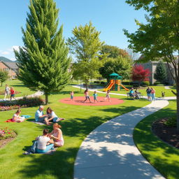A vibrant community scene showcasing various common spaces such as parks, playgrounds, and green areas