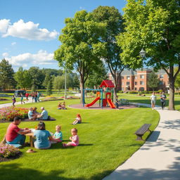 A vibrant community scene showcasing various common spaces such as parks, playgrounds, and green areas