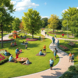 A vibrant community scene showcasing various common spaces such as parks, playgrounds, and green areas