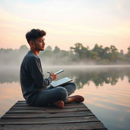 Visualize a serene moment of a person resetting their goals in a peaceful environment