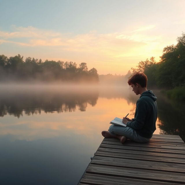 Visualize a serene moment of a person resetting their goals in a peaceful environment