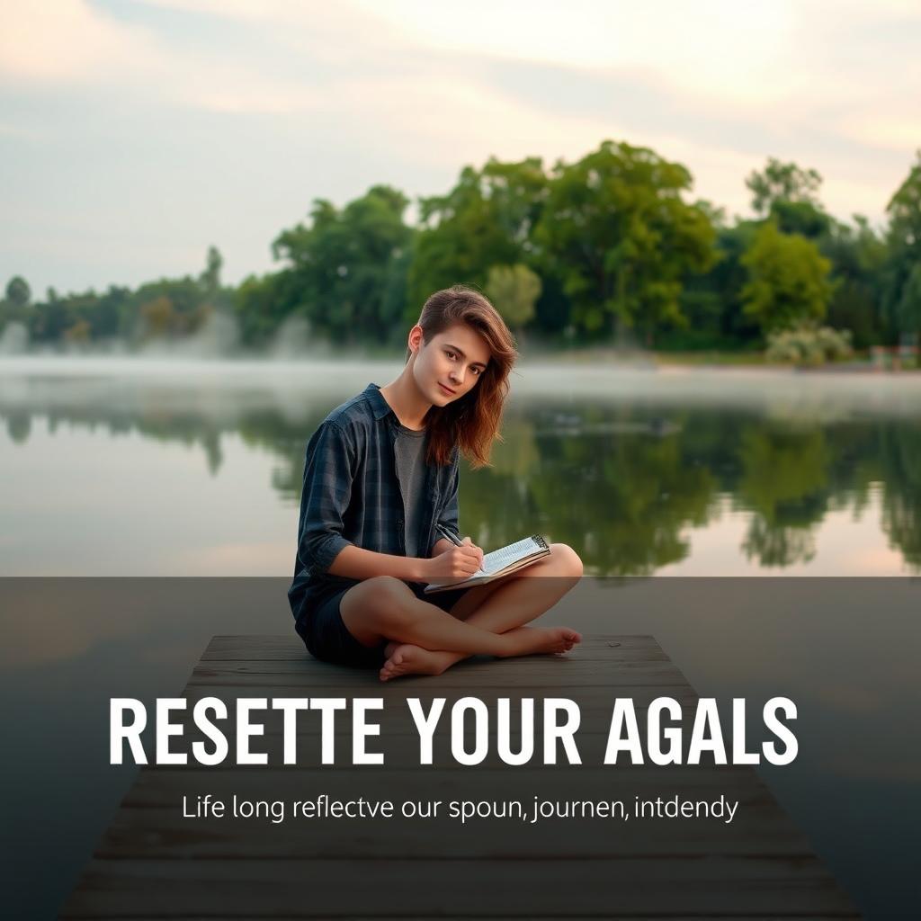 Visualize a serene moment of a person resetting their goals in a peaceful environment