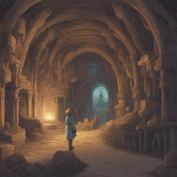 A Studio Ghibli-styled digital artwork of the futuristic discovery of the Paris Catacombs in 3003