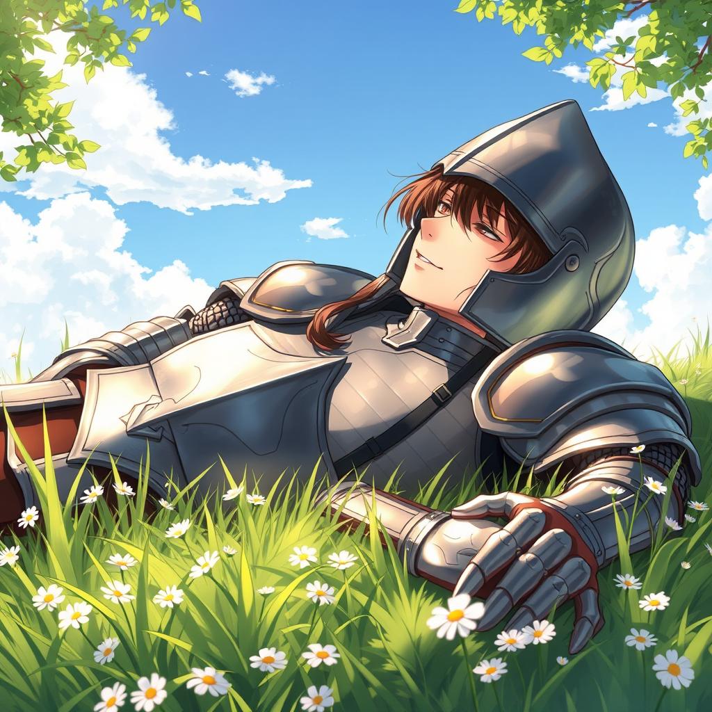 A crusader lying relaxed on a soft bed of green grass, wearing detailed shining armor that glistens in the sunlight