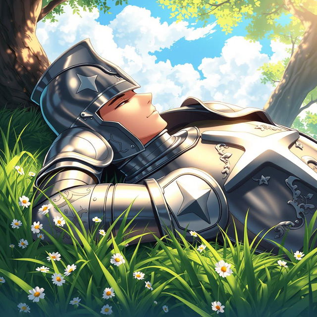 A crusader lying relaxed on a soft bed of green grass, wearing detailed shining armor that glistens in the sunlight