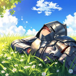 A crusader lying relaxed on a soft bed of green grass, wearing detailed shining armor that glistens in the sunlight
