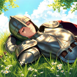 A crusader lying relaxed on a soft bed of green grass, wearing detailed shining armor that glistens in the sunlight