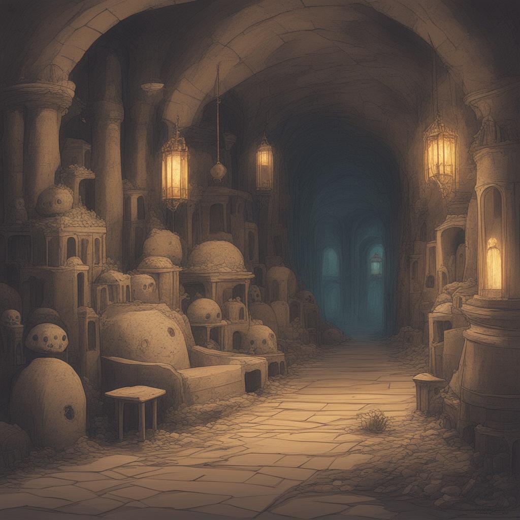 A Studio Ghibli-styled digital artwork of the Paris Catacombs