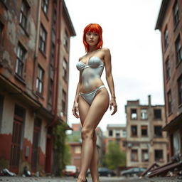 A 22-year-old thin girl with round silicone breasts and vibrant red hair, depicted in a full body view