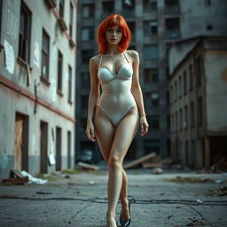 A 22-year-old thin girl with round silicone breasts and vibrant red hair, depicted in a full body view