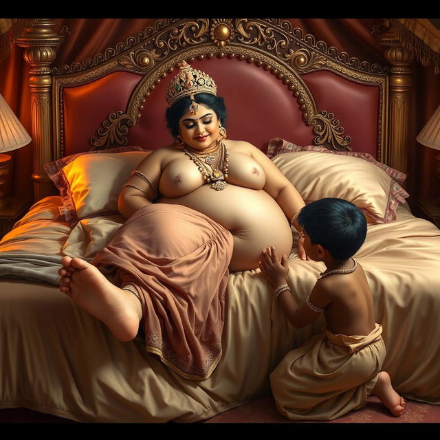 A depiction of a beautiful, chubby, and regal Indian queen reclining on a lavish king-size bed amidst luxurious bedding