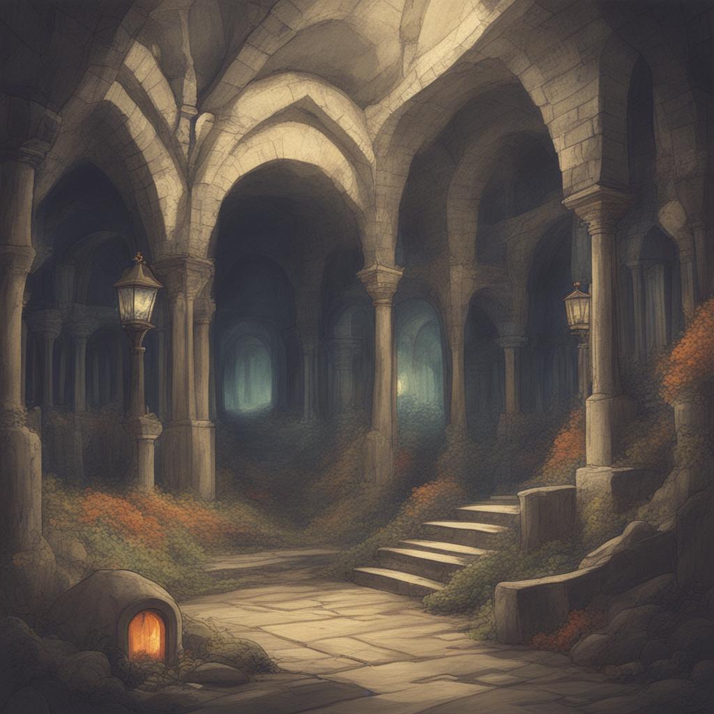 A Studio Ghibli-styled digital artwork of the Paris Catacombs