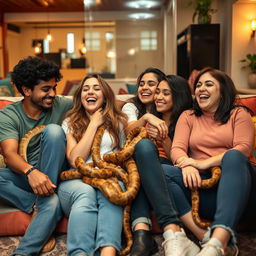 A group of friends sitting together in a relaxed and playful manner, their bodies intertwined like snakes, creating a lively and fun atmosphere