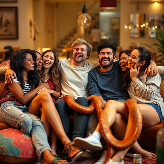 A group of friends sitting together in a relaxed and playful manner, their bodies intertwined like snakes, creating a lively and fun atmosphere