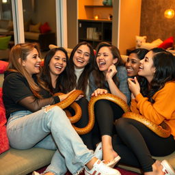 A group of friends sitting together in a relaxed and playful manner, their bodies intertwined like snakes, creating a lively and fun atmosphere