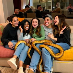 A group of friends sitting together in a relaxed and playful manner, their bodies intertwined like snakes, creating a lively and fun atmosphere