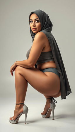 A modern and seductive 50-year-old Arab woman in a hijab, wearing high platform tied heels and a tight undershirt