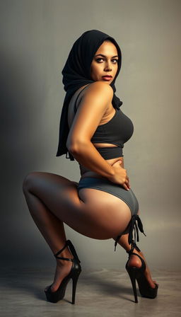 A modern and seductive 50-year-old Arab woman in a hijab, wearing high platform tied heels and a tight undershirt
