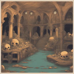 A Studio Ghibli-styled digital artwork of the Paris Catacombs