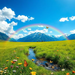 A serene landscape featuring a lush green meadow under a bright blue sky, with fluffy white clouds softly drifting