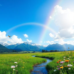 A serene landscape featuring a lush green meadow under a bright blue sky, with fluffy white clouds softly drifting