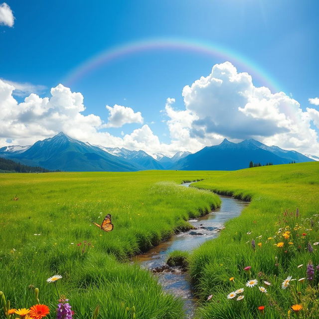 A serene landscape featuring a lush green meadow under a bright blue sky, with fluffy white clouds softly drifting