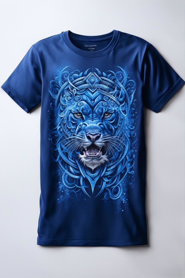 This is a 32k HD, product editorial photo of a blue graphic tee, taken with a 200mm lens