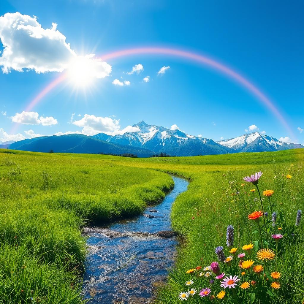 A serene landscape featuring a lush green meadow under a bright blue sky, with fluffy white clouds softly drifting