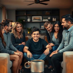 A tense gathering where one individual sits at the center of a group of people who are smiling outwardly but have subtle expressions of disdain and hatred