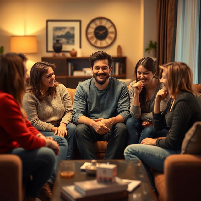 A tense gathering where one individual sits at the center of a group of people who are smiling outwardly but have subtle expressions of disdain and hatred