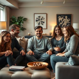 A tense gathering where one individual sits at the center of a group of people who are smiling outwardly but have subtle expressions of disdain and hatred