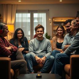 A tense gathering where one individual sits at the center of a group of people who are smiling outwardly but have subtle expressions of disdain and hatred