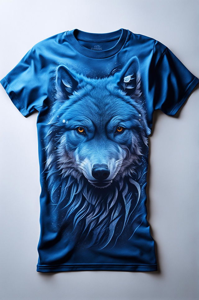 This is a 32k HD product editorial photo of a blue graphic tee with a wolf design, taken with a 200mm lens