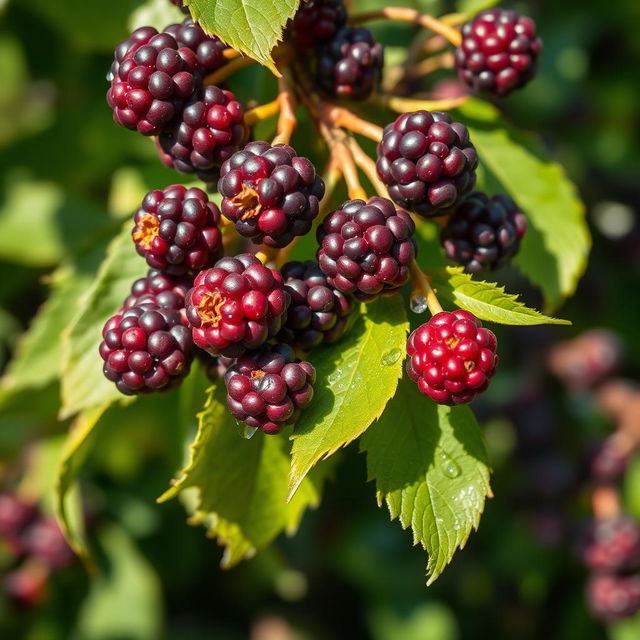 A lush branch of ripe mulberries, showcasing the deep purple color of the berries glistening in the sunlight