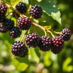 A lush branch of ripe mulberries, showcasing the deep purple color of the berries glistening in the sunlight