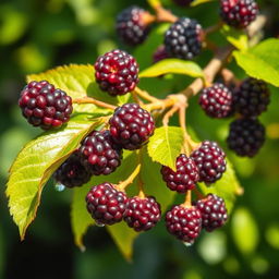 A lush branch of ripe mulberries, showcasing the deep purple color of the berries glistening in the sunlight