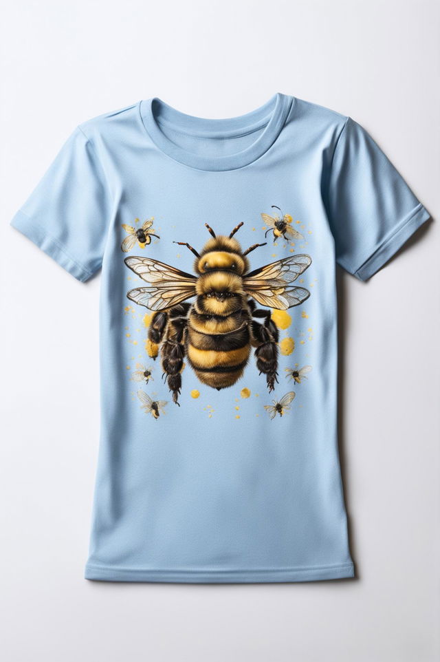 This is a 32k HD product editorial photo of a light blue graphic tee with a bumblebee design, taken with a 200mm lens