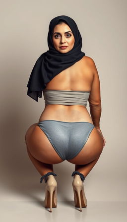 A modern 50-year-old Arab woman wearing a hijab, posed from a back view in a squatting position