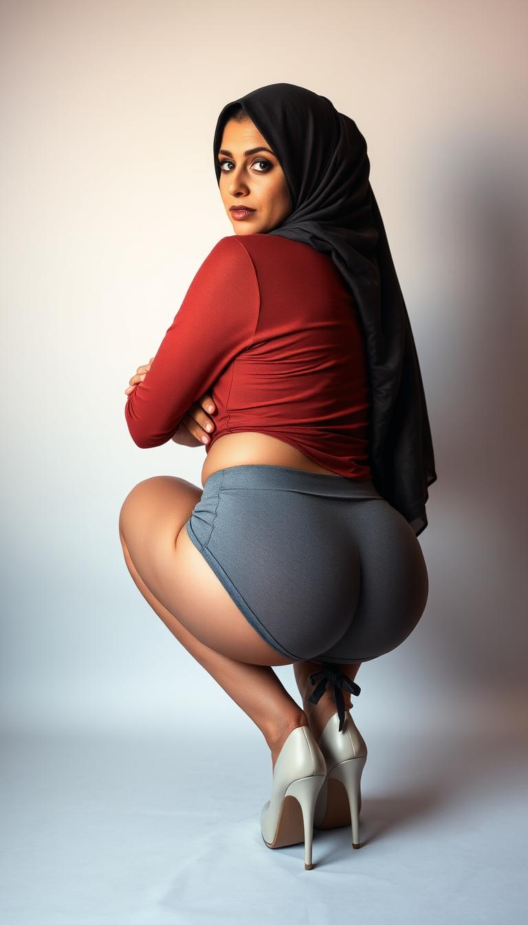 A modern 50-year-old Arab woman wearing a hijab, posed from a back view in a squatting position