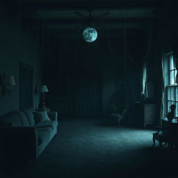 A spacious house interior featuring a large, eerie living room filled with dark shadows and unsettling decor