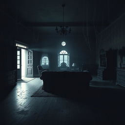 A spacious house interior featuring a large, eerie living room filled with dark shadows and unsettling decor