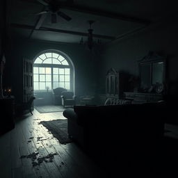 A spacious house interior featuring a large, eerie living room filled with dark shadows and unsettling decor