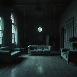 A spacious house interior featuring a large, eerie living room filled with dark shadows and unsettling decor