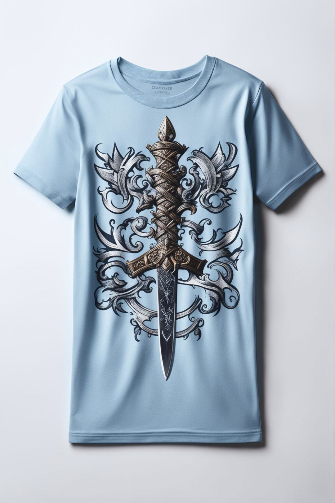 This is a 32k HD product editorial photo of a light blue graphic tee with a sword design, taken with a 200mm lens