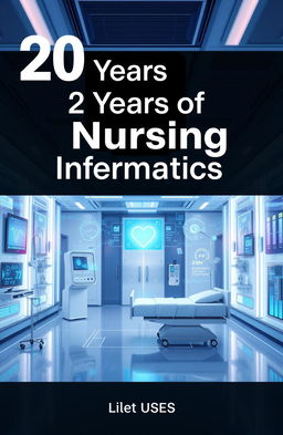 A modern digital medical futuristic background designed for a book cover, featuring a prominent title '20 Years of Nursing Informatics'